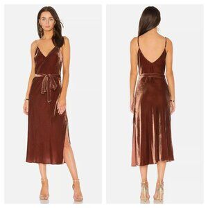 Frame Belted Velvet Midi Dress Slit Sleeveless V-Neck in Spice Brown Women's XS